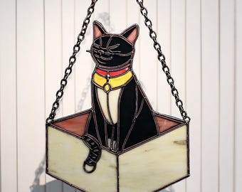 黒猫のサンキャッチャー ステンドグラス 箱の中の猫 窓掛け