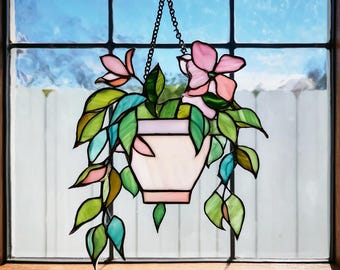 Hanging Plant Suncatcher Stained Glass Flower Pot Window Hanging