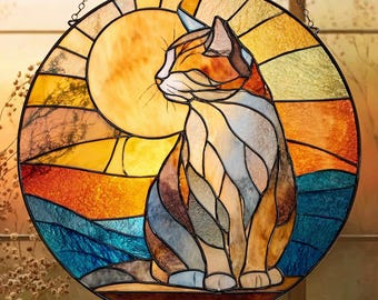 猫のステンドグラスの夕日ラウンドサンキャッチャーボヘミアン風窓飾り