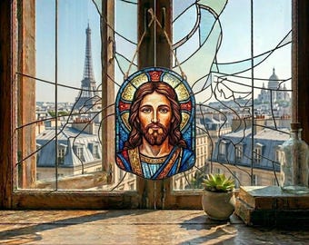 Atrapasueños de acrílico con vidrieras de Jesús, decoración cristiana para ventanas y decoración religiosa.