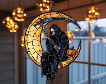 Atrapasueños acrílico de la Parca y la Luna, decoración gótica para ventanas de Halloween