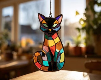 Colorful Cat Suncatcher Stained Glass Cat Window Hanging