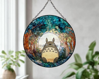 森の精霊ステンドグラスラウンドサンキャッチャーウッドランドファンタジーウィンドウデコレーション