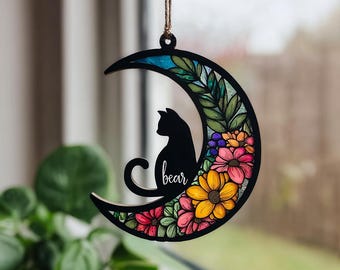 花柄の三日月サンキャッチャー、黒猫の窓飾り