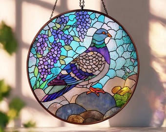 ハトのステンドグラスサンキャッチャー、鳥の窓飾り、ガーデニング愛好家へのギフト