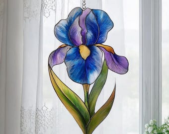 Atrapasueños acrílico de iris azul, decoración botánica floral para colgar en la ventana