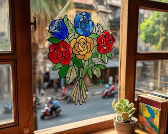 Ramo de rosas, atrapasol acrílico, flores coloridas, decoración para ventana, regalo, regalo