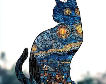 Stjärnnattkatt Akryl Solfångare Konstnärlig Kattfönsterhängande Dekor