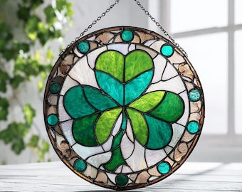 四つ葉のクローバーのステンドグラスサンキャッチャー　幸運の窓飾りギフト