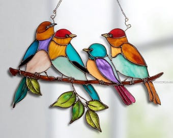 カラフルな鳥のサンキャッチャー ステンドグラス風鳥の窓飾り