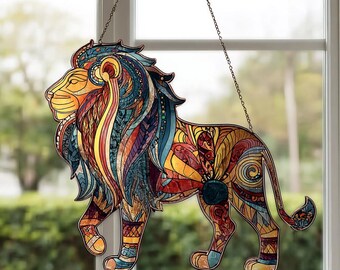 カラフルなライオンのサンキャッチャー、ステンドグラスのライオンの窓飾り