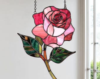 Atrapasueños acrílico rosa rosa romántica para ventana. Decoración floral romántica para colgar en la ventana.