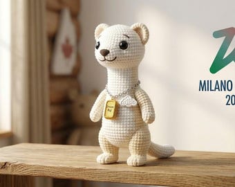 Gehäkelte Hermelin Plüsch - Tina inspiriert Maskottchen Milano Cortina 2026 Amigurumi - Winter Spiele Souvenir - Handgemachtes Wiesel Spielzeug - Traum Großes Geschenk
