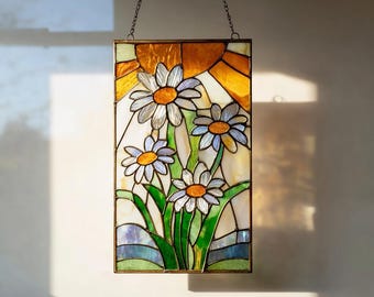 デイジー柄ステンドグラスパネル、ひまわり風コテージコアフローラルウィンドウデコレーション