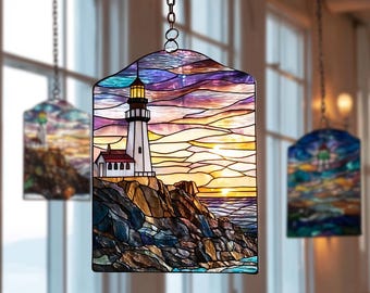 灯台のサンキャッチャー ステンドグラス 海岸灯台 窓掛け