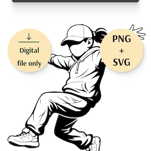 May include: Black and white line art illustration of a person in a hoodie and cap, jumping. Includes text: "Line Art by CitsyArt", "Digital file only", and "PNG + SVG".