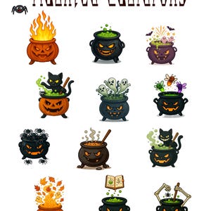 May include: Printable sticker sheet featuring various Halloween-themed cauldrons. The cauldrons are black, orange, and purple, with spooky faces and bubbling contents. Some cauldrons have cats, ghosts, or spiders. The text "Haunted Cauldrons" is at the top.