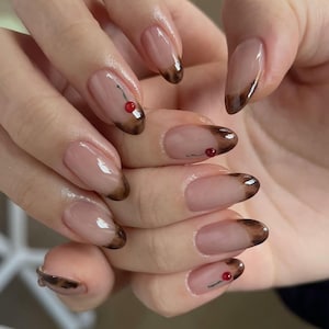 Tortoise Shell French Tip Press On Nails | Cute Cherry Almond Fake Nails | Brown Patterned Glue On Nails | Elegant Fall Nails for Her