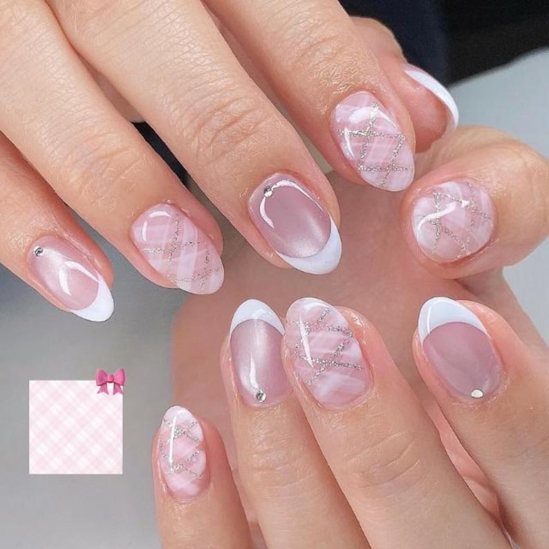 Pink Gingham French Tip Press on Nails, Sparkly Glitter Grid Bow Design ...