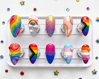 Pride Flag Press On Nails, LGBTQ Rainbow Nails, Trans Pride Nails, Bisexual Pride Nails, Cute Rainbow Glitter Press Ons, Handmade Nail Set