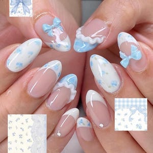 Luxury Blue Cottagecore Press On Nails | 3D Baby Blue Ribbon Bow & Ruffle Design | Cute Vintage Floral French Aesthetic Nails Gift