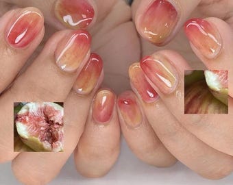 Uñas postizas con forma de higo / Uñas con efecto degradado rojo y amarillo acuarela / Uñas postizas realistas inspiradas en higos, hechas a mano y reutilizables, forma almendra.