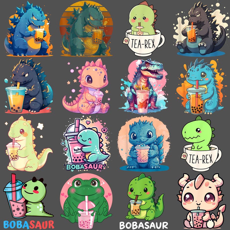 Japanese Dinosaur Boba Tea PNG, Funny Cute Dino Drinking Bubble Tea ...