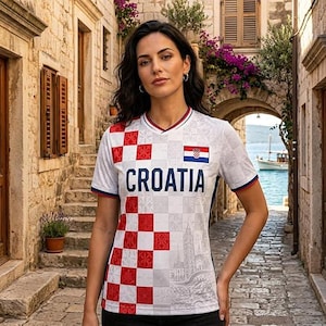 May include: A white short-sleeved jersey featuring a red and white checkered pattern on the left side, the word CROATIA in dark blue letters, and a small Croatian flag emblem on the chest. The fabric includes a subtle gray architectural graphic.