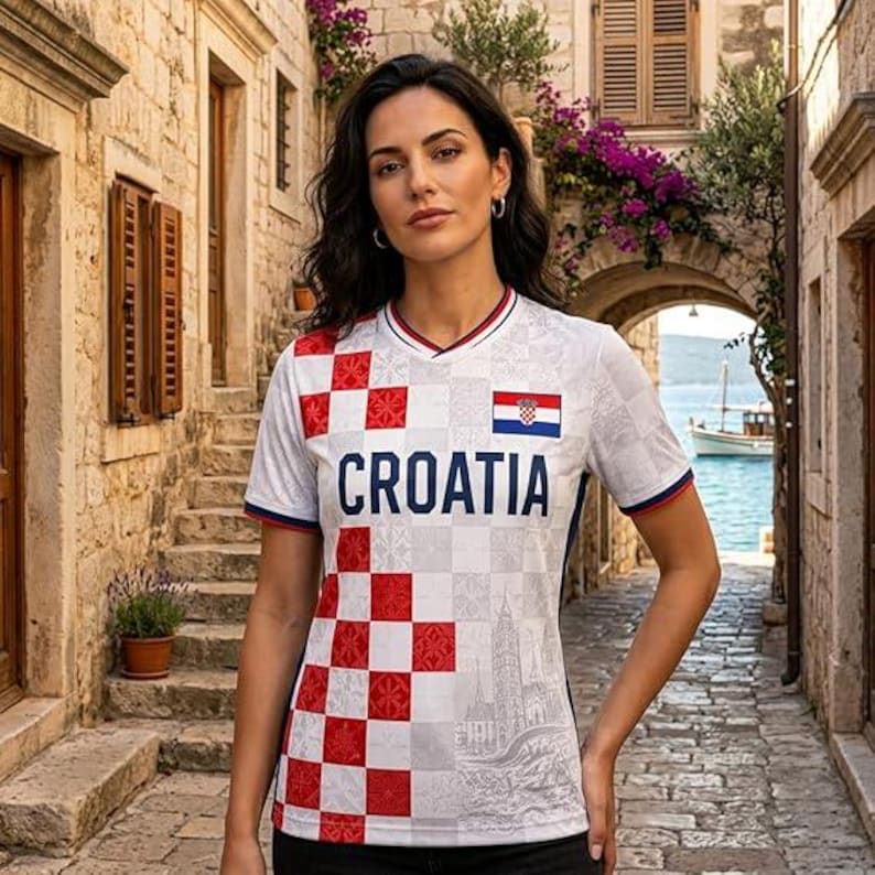 May include: A white short-sleeved jersey featuring a red and white checkered pattern on the left side, the word CROATIA in dark blue letters, and a small Croatian flag emblem on the chest. The fabric includes a subtle gray architectural graphic.
