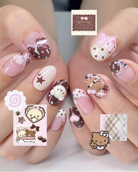 Rilakuman Bakery Coquette Nails: 3D Bear Biscuit Press On Nails, Pink Brown Plaid & Lace Detail, Almond Handmade Cute Fake Nails Set