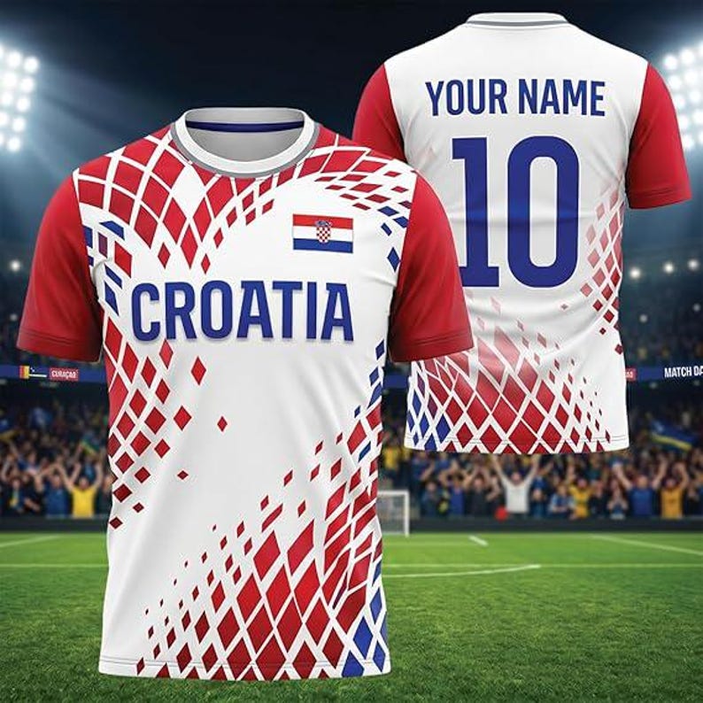 May include: A white and red sports jersey featuring the word CROATIA in blue text on the front, a small Croatian flag emblem, and a red and blue diamond pattern. The back displays the text YOUR NAME and the number 10 in large blue font.