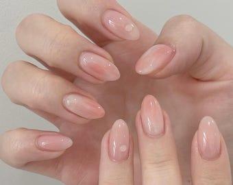 Blush Pink Ombre Press On Nails | Peach Jelly Almond Fake Nails | Natural Sheer Aura Nails | Elegant 3D Water Droplet Glue On Nails Gift