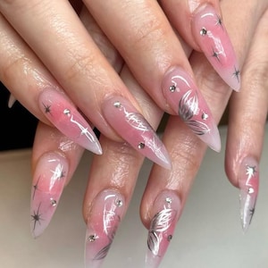 Cyber Sigilism Press On Nails, Silver Butterfly Wing Nails, Pink Aura Stiletto Nails, Y2K Starburst Fake Nails, Set of 10