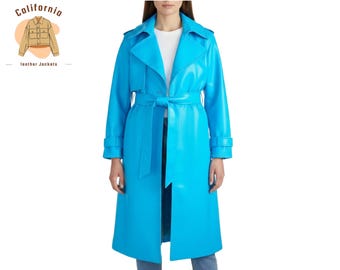 Blauer Trenchcoat aus Leder mit Kragen, hochwertige lange Oberbekleidung, handgefertigter stilvoller Damenledermantel