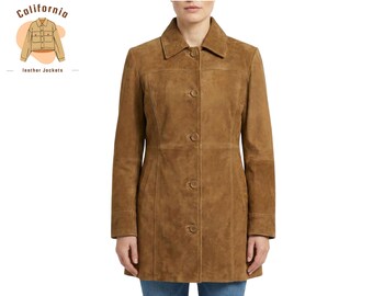 May include: A brown suede coat with a button-up front and collared neckline. The coat is knee-length and has long sleeves. The California Leather Jackets logo is in the upper left corner.