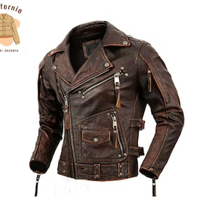 May include: A brown leather jacket with a classic biker style. The jacket features a notched collar, asymmetrical zipper, multiple pockets, and silver hardware. The jacket has a distressed finish and the text "California leather jackets" is in the upper left corner.