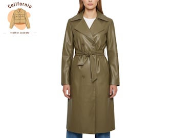 Belted Olive Green Leather Trench Coat for Women, Long Tailored Winter Overcoat with Vintage Style Appeal