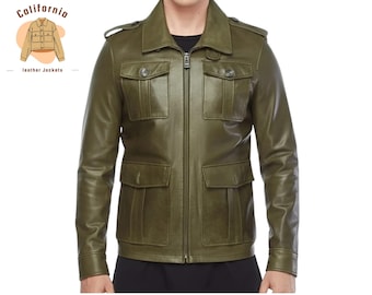 Giacca in pelle verde oliva da uomo con tasche a patta, capospalla in stile motociclista artigianale di alta qualità, giacca invernale essenziale