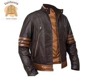 May include: A brown leather jacket with a stand-up collar and a brown interior lining. The jacket features two zippered pockets and brown stripes on the sleeves. The logo "California leather jackets" is in the upper left corner.