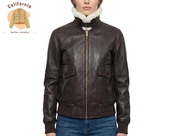 Women G-1 Brown Leather Bomber Jacket with Vintage Aviator Style, Winter Essential Flight Inspired Design
