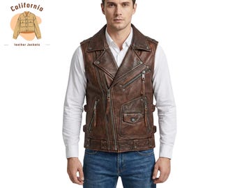 Könnte beinhalten: Braune Lederweste mit Used-Look, mit Reverskragen, mehreren Reißverschlusstaschen und Frontreißverschluss. Die Weste wird über einem weißen Hemd und blauen Jeans getragen. Der Text "California leather jackets" ist enthalten.