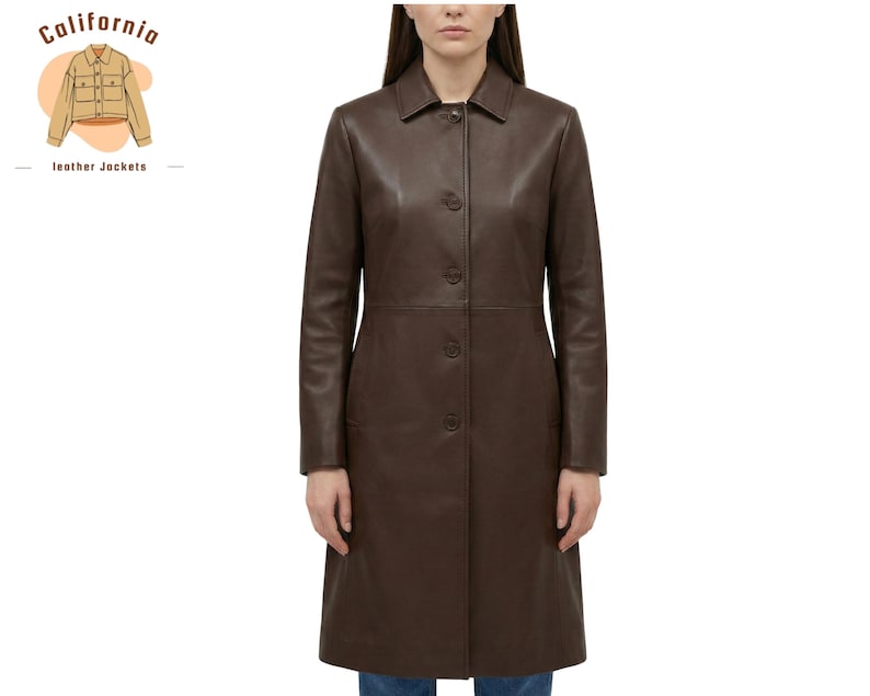 May include: A long, dark brown leather coat with a button-up front and a collared neckline. The coat extends to the knees and has a tailored fit. The image includes a logo that says "California leather jackets".