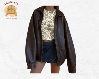 90s Oversized Bomber Jacket Women  Vintage Brown Leather Outerwear, Retro Y2K Handmade Style, Chic Streetwear Fashion Jacket