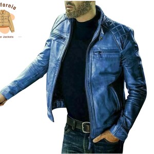 Blue Diamond Genuine Leather Biker Jacket – Men’s Retro Moto Outerwear