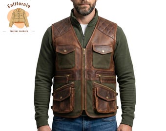 Mens Leather Hunting Vest Outdoor Utility Shooting Fishing Gear Rugged Handmade Field Wear Winter Essential