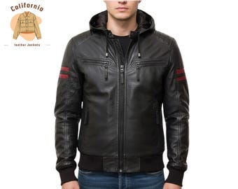 Jed black hooded leather jacket for men, premium biker style, winter essential, versatile casual wear, streetwear fashion jacket