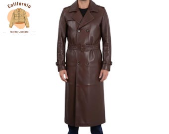 Full Length Brown Leather Trench Coat for Men, Handmade Belted Winter Overcoat with Classic Vintage Style
