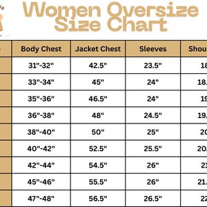 May include: A size chart for women's oversized leather jackets. The chart includes measurements for body chest, jacket chest, sleeves, and shoulders, ranging from XS to 5XL. The measurements are in inches.