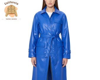 Aufgesetzte Tasche Blauer Leder Trenchcoat, Handgefertigte Lange Oberbekleidung, Stilvoller Premium Ledermantel für Damen