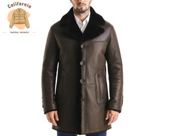 Bruine leren herenwinterjas met diepe bontkraag, handgemaakte vintage bovenkleding voor koud weer